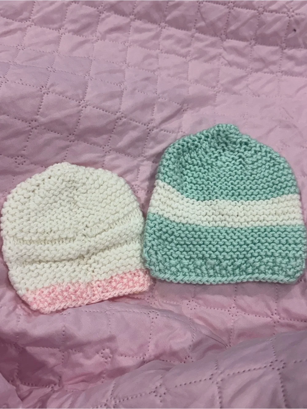 Hand-Knit Baby Beanie Set - White & Pink, White & Mint